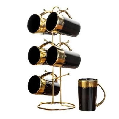 Lotus 6-Piece Porcelain Tea Mug Set + Holder, Made of High Quality Materials