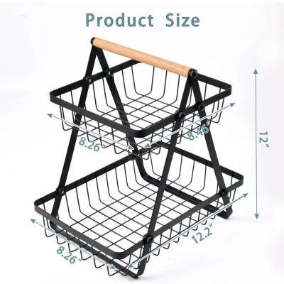 سلة تخزين معدنية بطابقين مع مقبض خشبي &  2-Tier Metal Storage Basket with Wooden Handle