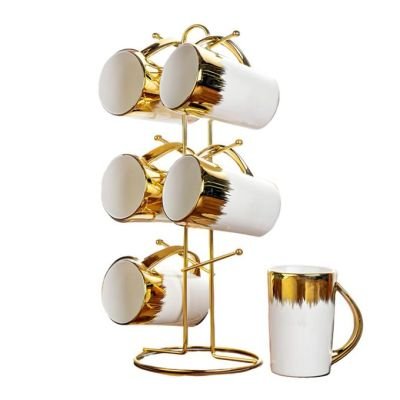 Lotus 6-Piece Porcelain Tea Mug Set + Holder, Made of High Quality Materials