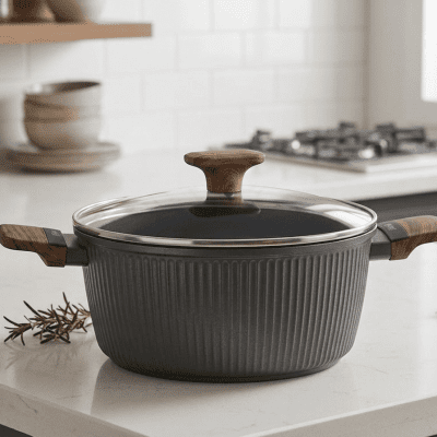حلة طهي غير لاصقة (مقاس 24 سم) بمقابض خشبية.&  Non-Stick Cooking Pot (24 cm) with Wooden-Style Handles.