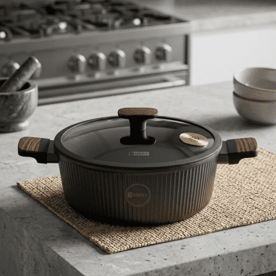 : حلة طهي غير لاصقة (مقاس 28 سم) بمقابض خشبية.&  Non-Stick Casserole Pot (28 cm) with Wooden Handles.