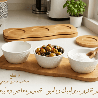 طقم تقديم عصري يجمع بين أناقة السيراميك الأبيض بنقوشه الكلاسيكية ودفء خشب البامبو الطبيعي. مثالي لتقديم المقبلات، الصوصات، أو المكسرات بطريقة مرتبة وجذابة على مائدتك. ​ A modern serving set combining elegant white ceramic with classic embossed patterns an