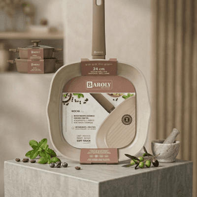 جريل "بارولي" سيراميك مربع (مقاس 24 سم) - لون موكا. & : Baroly Square Ceramic Grill Pan (24 cm) - Mocha Color.