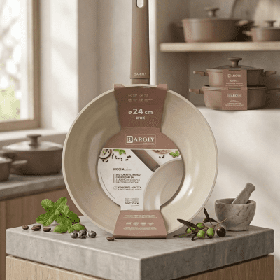 : ووك "بارولي" سيراميك (مقاس 24 سم) - لون موكا& : Baroly Ceramic Wok (24 cm) - Mocha Color.