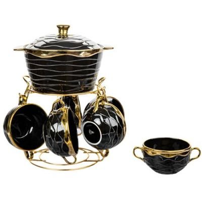 Soup set + porcelain pot, 7 pieces + standd