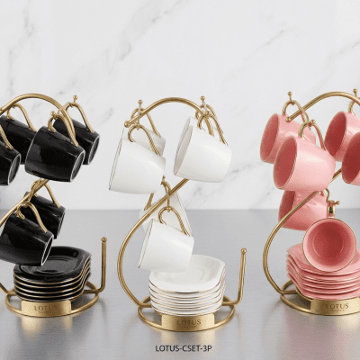 :طقم فناجين قهوة "لوتس" بستاند ذهبي (6 قطع)  ​Lotus Porcelain Coffee Cup Set with Gold Stand (6 Pieces)   erving