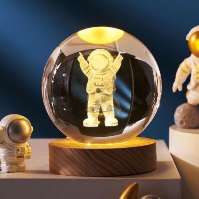 Aowin 3D Crystal Galaxy Lamp - LED Night Light with Wooden Base