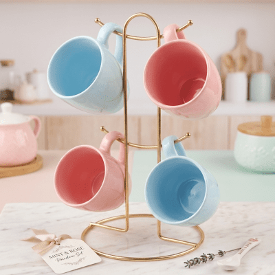 طقم مجات "باستيل كولورز" (Pastel Colors) الملون مع ستاند ذهبي  ​Pastel Colors Ceramic Mug Set with Gold Stand  ​