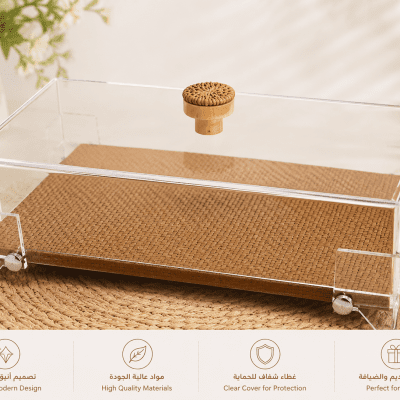 صينية تقديم أكريليك فاخرة بقاعدة خوص Premium Acrylic Serving Tray with Woven Base icated touch to your table.