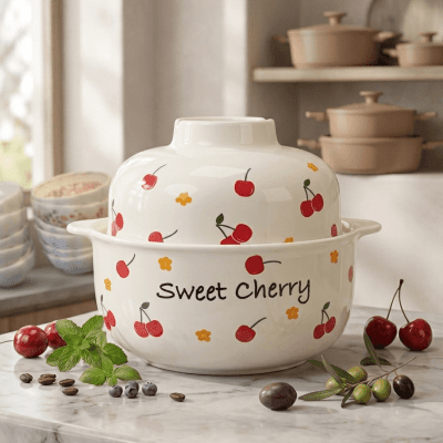 وعاء تقديم سيراميك "Sweet Cherry" مع غطاء.&  Sweet Cherry Ceramic Serving Bowl with Lid.