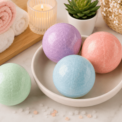 مجموعة كرات استحمام فوارة (باث بوم) ملونة. & : Colorful Bath Bomb Set.