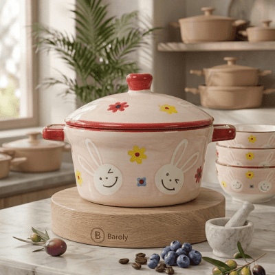 حلة تقديم سيراميك "بارولي" بتصميم الأرانب اللطيف حجم صغير .  & : Baroly Ceramic Casserole Pot with Cute Rabbit Design.