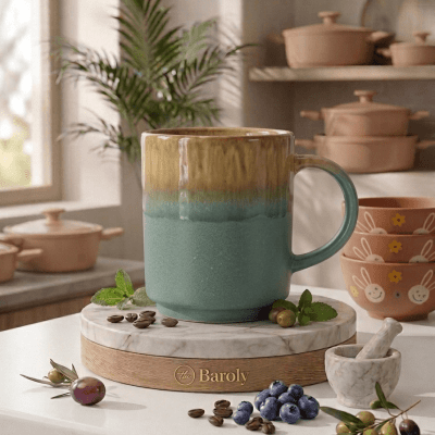 مج قهوة "بارولي" سيراميك بتصميم متدرج (أخضر وعسلي). & Baroly Ceramic Coffee Mug with Gradient Design (Green and Honey).