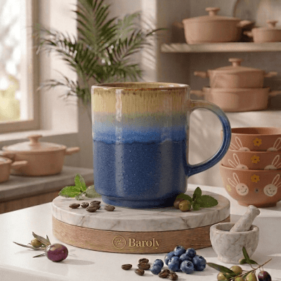 مج قهوة "بارولي" سيراميك بتصميم متدرج (أزرق وأصفر).  & Baroly Ceramic Coffee Mug with Gradient Design (Blue and Yellow).