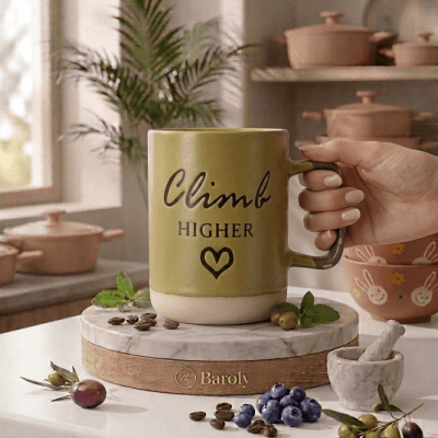 مج قهوة "بارولي" سيراميك باللون الزيتوني بعبارة ملهمة.& Baroly Olive Ceramic Coffee Mug with Inspirational Quote.