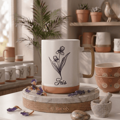 مج قهوة "بارولي" سيراميك مزين بزهرة السوسن.  & Baroly Ceramic Coffee Mug with Iris Flower Design.