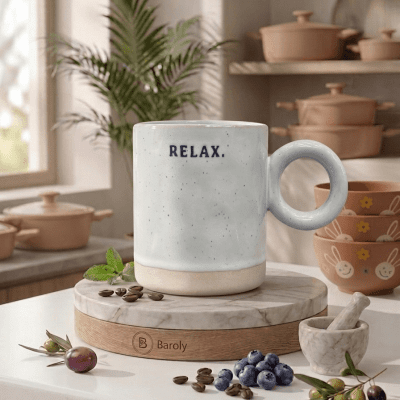 مج قهوة سيراميك مرقط بكلمة "RELAX" (قاعدة بيج) &  Speckled Ceramic Coffee Mug with "RELAX" Inscription (Beige Base)