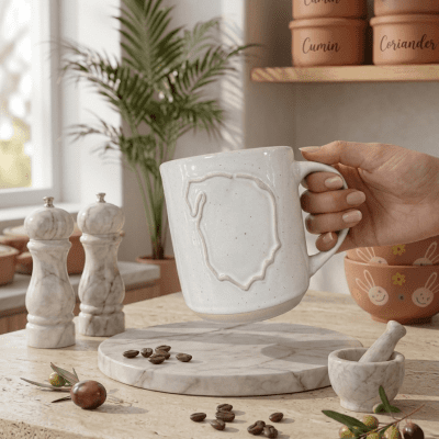 مج قهوة سيراميك أبيض بلمسة إبداعية (إطار محفور) &  Creative White Ceramic Coffee Mug (Embossed Frame Design)  ملخص الوصف (Product Description)