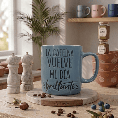 مج قهوة سيراميك بعبارة "الكافيين يجعل يومي مشرقاً" & : "Caffeine Makes My Day Bright" Ceramic Coffee Mug (Spanish Script)