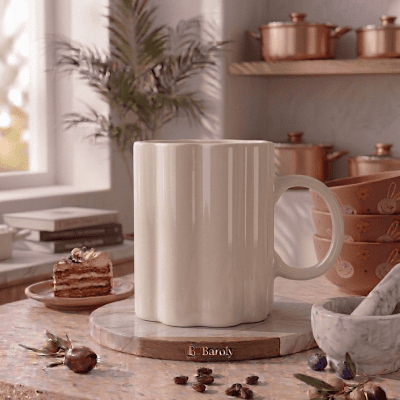 كوب سيراميك مضلع باللون الكريمي. & Cream Ribbed Ceramic Mug.