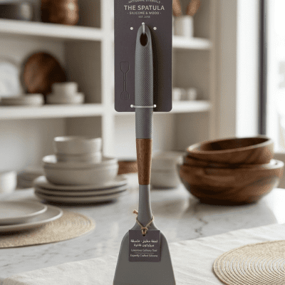 جمال الأداء في بساطة التصميم. ملعقة الطبخ (Spatula) التي تجمع بين متانة السيليكون ودفء الخشب. رفيقتك الأنيقة في المطبخ لطهي أطباقك المفضلة بكل سهولة واحترافية." ​"Performance meets aesthetic. This premium spatula blends durable silicone with the