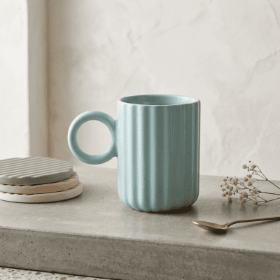 كوب سيراميك مضلع ذو مقبض دائري & Ribbed Ceramic Mug with Round Handle