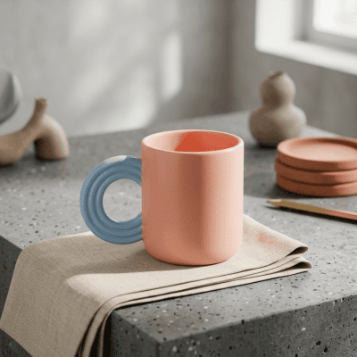 : كوب سيراميك باللون الخوخي بمقبض دائري مضلع أزرق & Peach Ceramic Mug with Blue Ribbed Round Handle