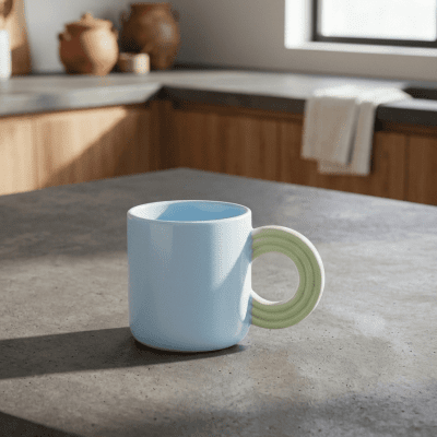 كوب سيراميك باللون الأزرق الفاتح بمقبض دائري مضلع أخضر&  Light Blue Ceramic Mug with Green Ribbed Round Handle