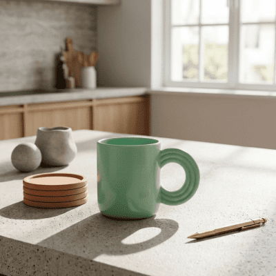 كوب سيراميك باللون الأخضر النعناعي بمقبض دائري مضلع& : Mint Green Ceramic Mug with Ribbed Round Handle