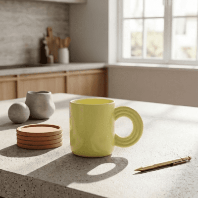 وب سيراميك باللون الأصفر بمقبض دائري مضلع& : Yellow Ceramic Mug with Ribbed Round Handle