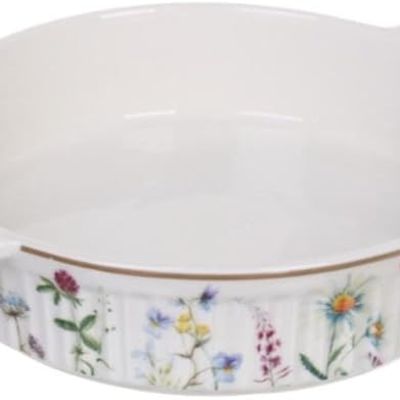 Generic Round Porcelain Casserole Dish with Handles, White, Floral Design, Oven Safe Baking Dish