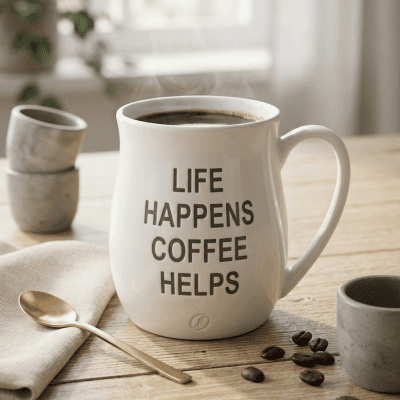 كوب "الحياة تحدث، القهوة تساعد" & : "Life Happens Coffee Helps" Ceramic Mug