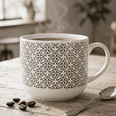 كوب سيراميك أبيض بنقوش هندسية &  Geometric Pattern Ceramic Mug