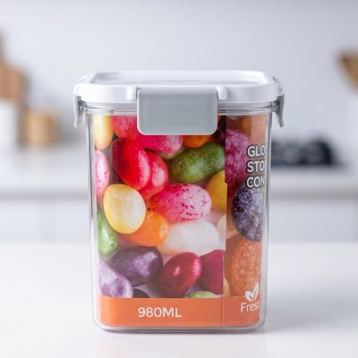 علبة حفظ وتنظيم طعام أكريليك محكمة الإغلاق - 980 مل.   980ml Airtight Acrylic Food Storage Container.  ​longer