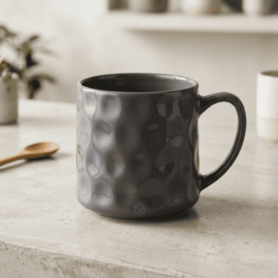 : كوب سيراميك رمادي بنقوش دائرية بارزة & Grey Ceramic Mug with Embossed Texture