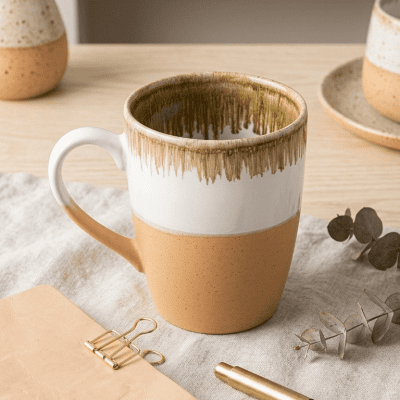 كوب سيراميك ريفي ثنائي اللون (أبيض وبيج مع حافة زيتونية)& : Rustic Two-Tone Ceramic Mug (White & Beige with Olive Rim)