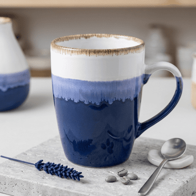 كوب سيراميك بتصميم متدرج (أبيض، أزرق فاتح، وأزرق داكن)& : Gradient Ceramic Mug (White, Light Blue, and Dark Blue)