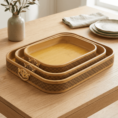 : طقم صواني تقديم خشبية فاخرة بمقابض ذهبية &  Set of Luxury Wooden Serving Trays with Gold Handles