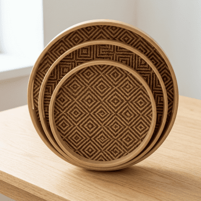 : طقم صواني تقديم دائرية من الخيزران بنقوش هندسية & Set of Round Bamboo Serving Trays with Geometric Patterns