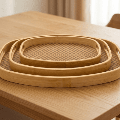 طقم صواني تقديم بيضاوية من الخيزران بقاعدة منقوشة& : Set of Oval Bamboo Serving Trays with Patterned Base