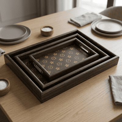 : طقم صواني تقديم خشبية بنقوش كلاسيكية &  Set of Wooden Serving Trays with Classic Patterns