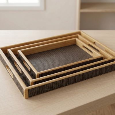 طقم صواني تقديم خشبية بنقش متعرج (هيرينجبون) &  Set of Wooden Serving Trays with Herringbone Pattern
