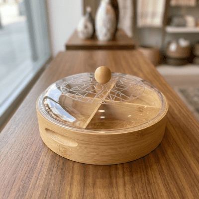 علبة تقديم خشبية مقسمة بغطاء أكريليك & Wooden Divided Serving Tray with Acrylic Lid