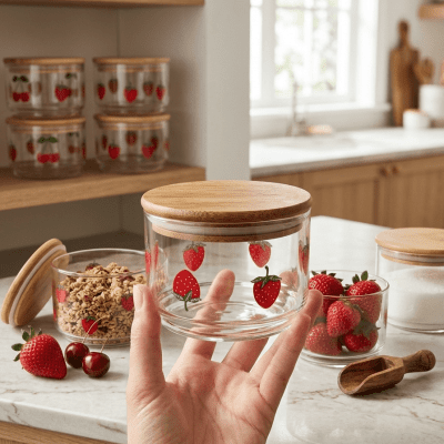 Cute Strawberry Print Glass Storage Jar