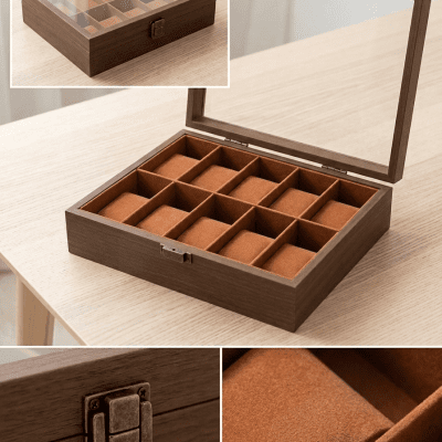 صندوق منظم للساعات والأساور (خشب بفتحة علوية زجاجية). & Wooden Watch and Bracelet Organizer Display Box.