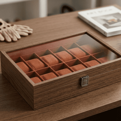 صندوق خشبي لتنظيم وعرض الساعات والأساور.& : Wooden Watch and Bracelet Display Organizer Box.