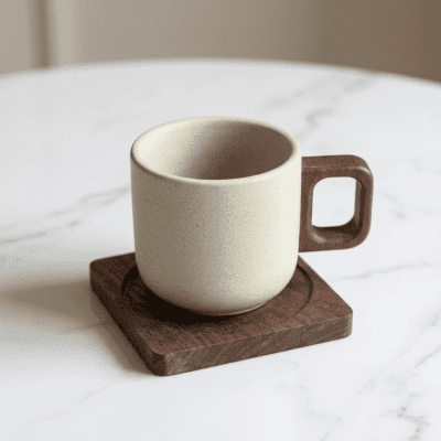 : كوب سيراميك مع مقبض خشبي وقاعدة خشبية. & : Ceramic Mug with Wooden Handle and Coaster Set.