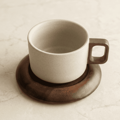 طقم كوب سيراميك مع قاعدة خشبية دائرية.  &  Ceramic Cup with a Round Wooden Saucer Set.