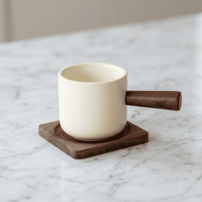 كوب سيراميك بمقبض خشبي جانبي مع قاعدة خشبية.& Ceramic Mug with Wooden Handle and Matching Coaster.