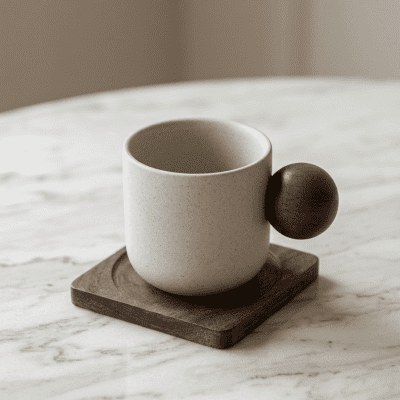 كوب سيراميك بمقبض خشبي كروي مع قاعدة خشبية&  Ceramic Mug with Spherical Wooden Handle and Coaster.